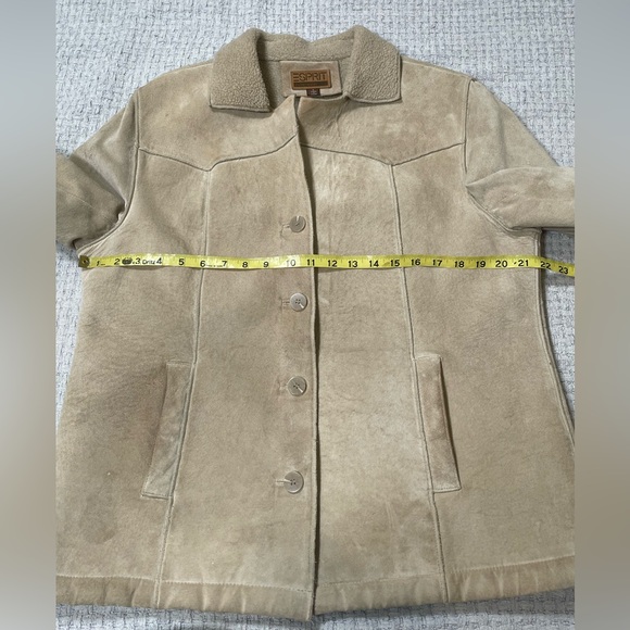 Vintage Esprit Suede Leather Sherpa Lined Button Up Coat Tan Size Large - Picture 11 of 14